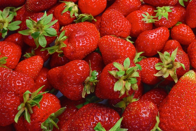 Strawberry. Fresh berries macro. Fruit background. Top view.