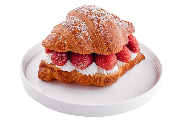 Strawberry and fresh cream croissant on plate