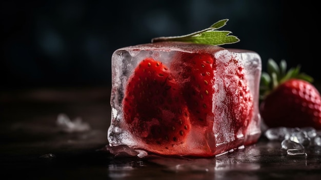 strawberry frozen in ice cube