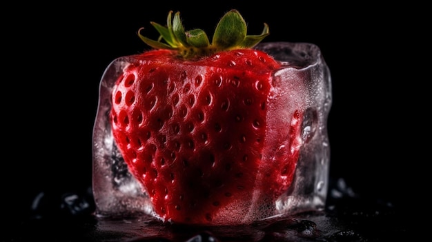 Photo strawberry frozen in ice cube