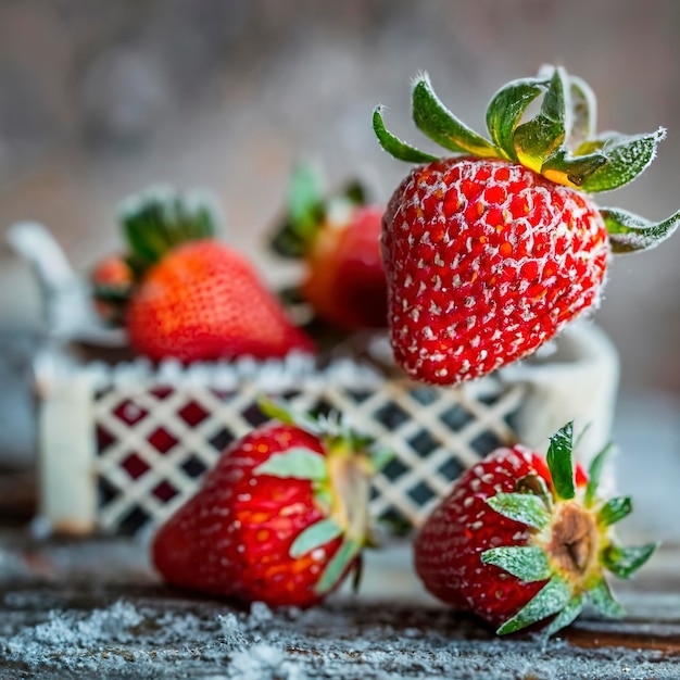 Strawberry frozen strawberry covered by frost closeup