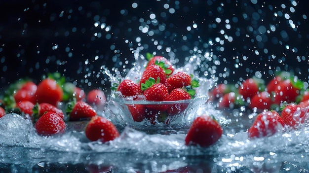 Photo strawberry fruit in the air with water splash