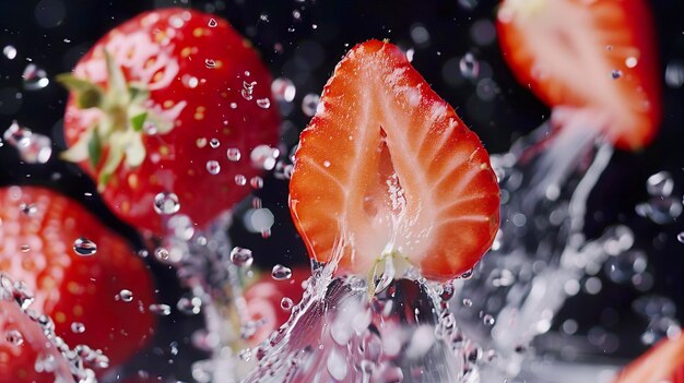 Photo strawberry fruit in the air with water splash