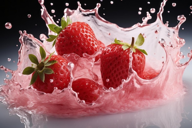 Strawberry fruit with milk splash isolated on plain background