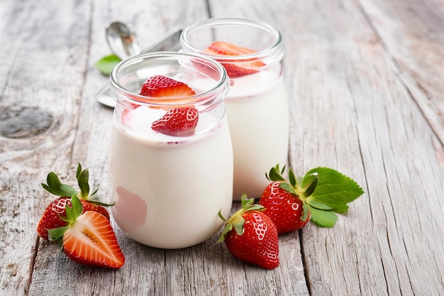 Strawberry fruit yogurt with fresh strawberries on a old wooden background