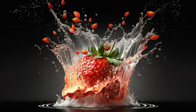 Strawberry fruits explosion on water splashing AI Generated