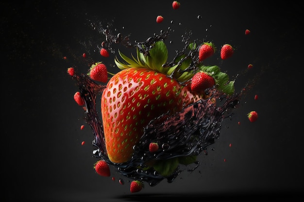 Strawberry fruits splash isolated on black background