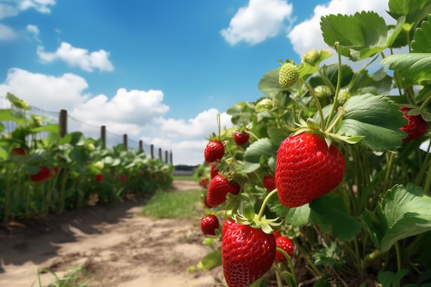 strawberry garden at sunny day with blue sky background