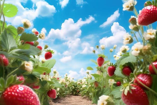 푸른 하늘 배경으로 화창한 날에 딸기 정원