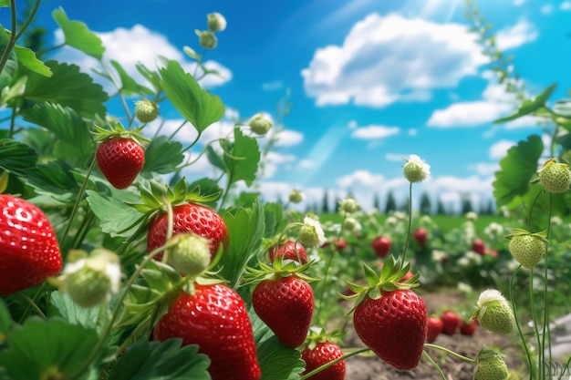 strawberry garden at sunny day with blue sky background