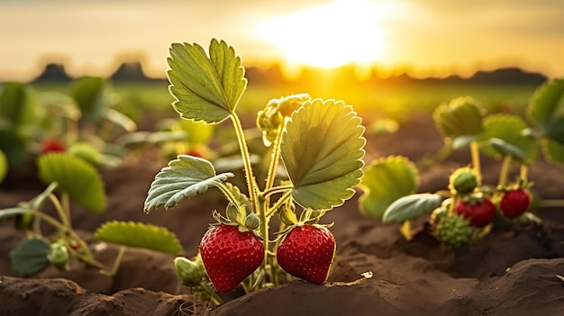 Strawberry growing on a field in the Netherlands at sunset