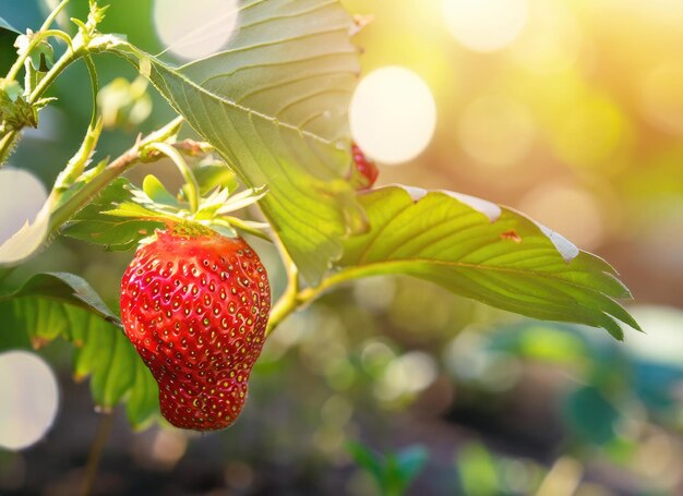 Photo strawberry grows on a tree in the harvest garden on everning sun flare blur bokeh background ai generated