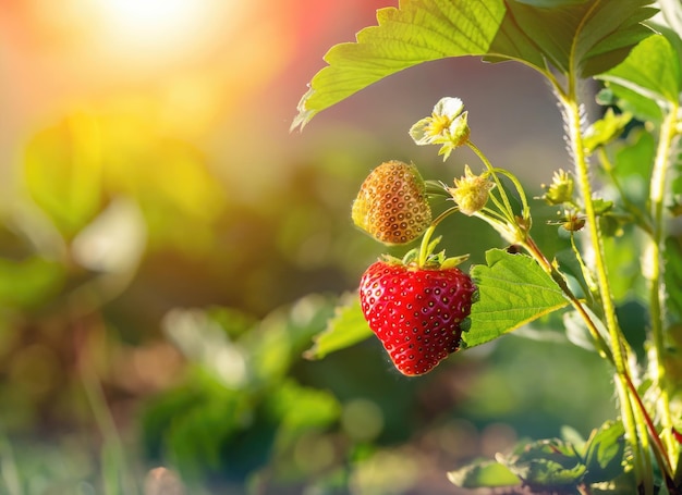 Photo strawberry grows on a tree in the harvest garden on everning sun flare blur bokeh background ai generated