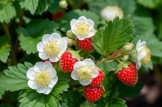 Foto strawberry harmony witte bloem met rode aardbeibessen