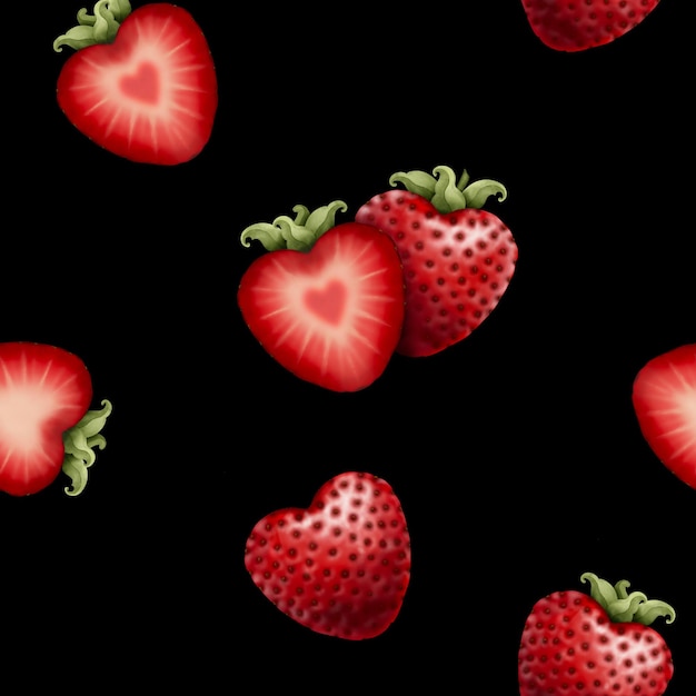 Strawberry in heart shape watercolor seamless pattern. Valentines day, love, dessert background