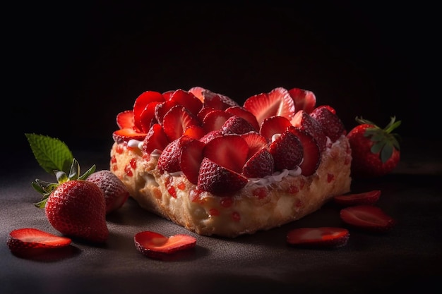 Photo strawberry on a heart shaped cake generative ai