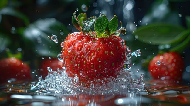 Strawberry hovering above the crystal clear water beside palm leaves wide lens ultra detailed