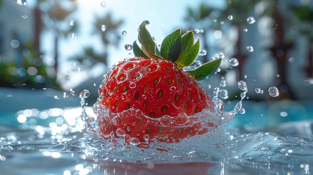 Strawberry hovering above the crystal clear water beside palm leaves wide lens ultra detailed