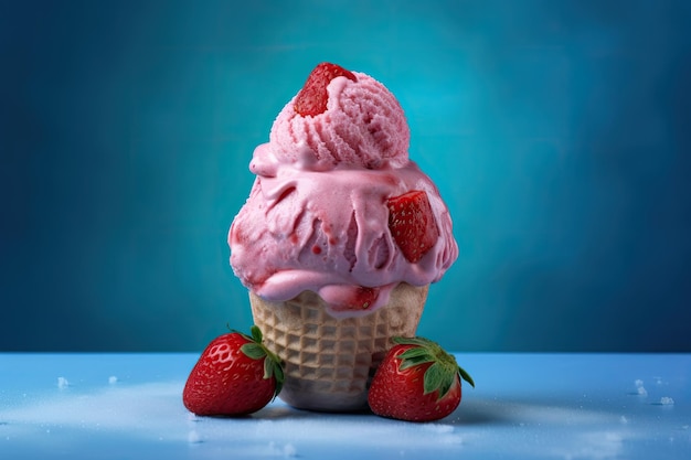 Strawberry ice cream on blue background AI generative