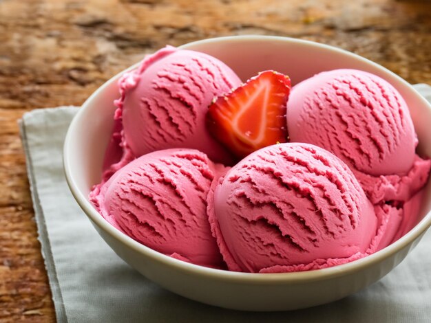 Strawberry ice cream in bowl on country table