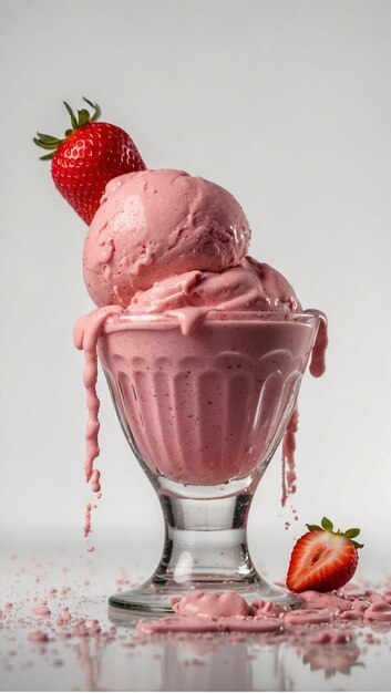 Strawberry ice cream in a bowl isolated on a white background