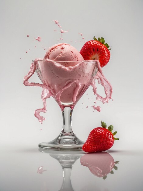 Strawberry ice cream in a bowl isolated on a white background