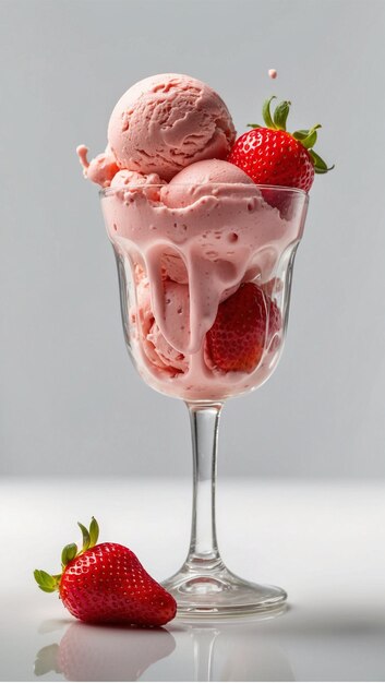 Strawberry ice cream in a bowl isolated on a white background