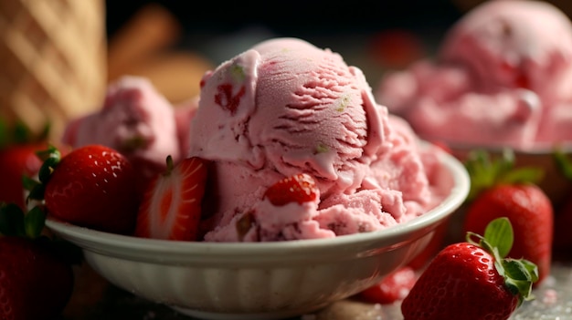 Strawberry ice cream close up view Generative AI