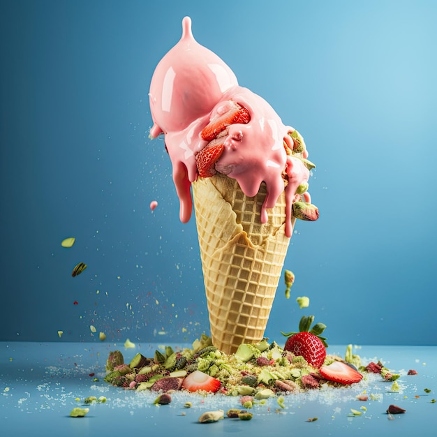 Strawberry ice cream cone blue background