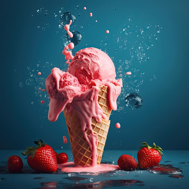 Strawberry ice cream cone blue background