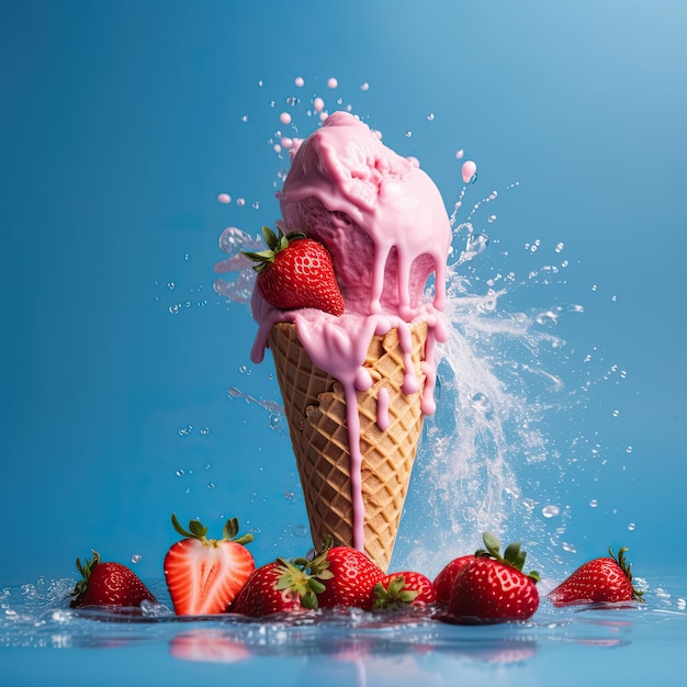 Photo strawberry ice cream cone blue background