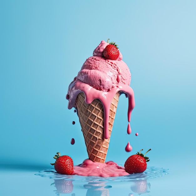 Photo strawberry ice cream cone blue background