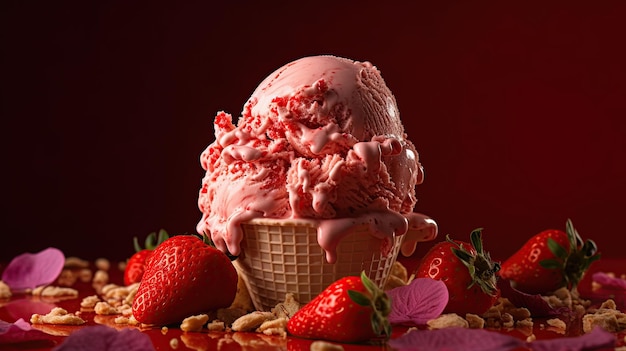 A strawberry ice cream cone on dark background