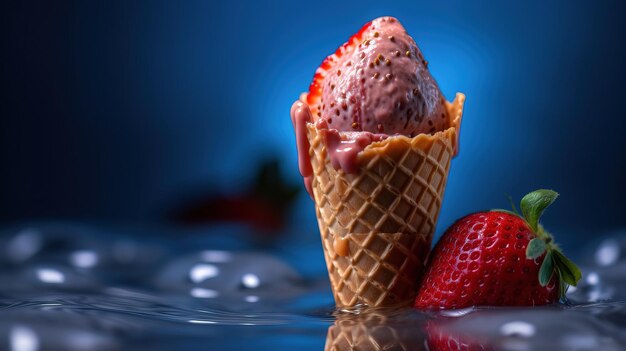 A strawberry ice cream cone with a blue background