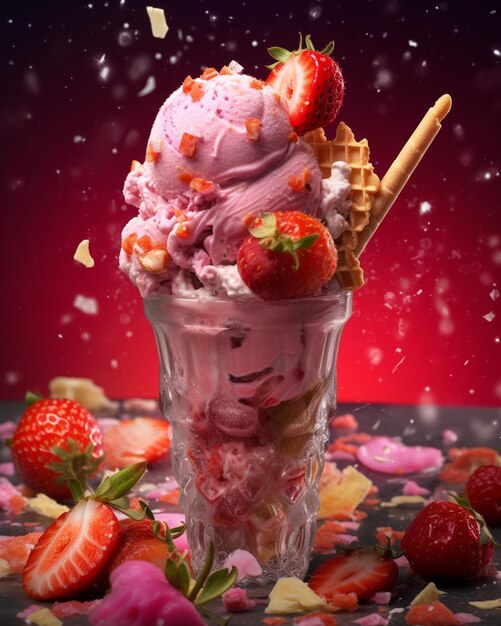 A strawberry ice cream cone with strawberries and other toppings on a table.