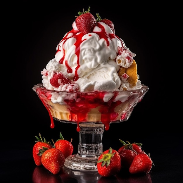 a strawberry ice cream cone with strawberries on top.