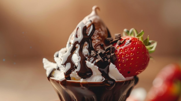 чашка клубничного мороженого с шоколадным соусом и клубникой на нем