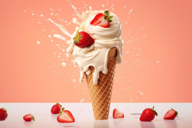 Strawberry ice cream Illustration AI Generative