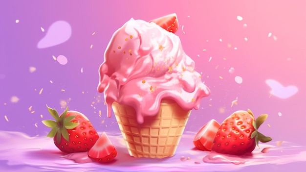 Strawberry ice cream illustration ai generative