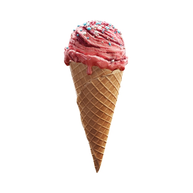 写真 色とりどりのボールから振りかけるワッフルコーンのストロベリーアイスクリーム