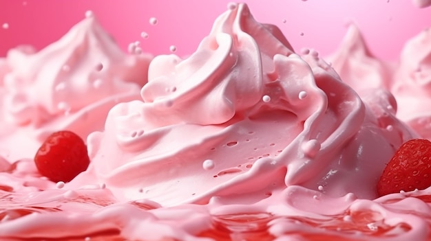 ピンクの背景で溶けるイチゴアイスクリーム ピンクのアイスクリームの溶けるタイムラップ クローズアップ