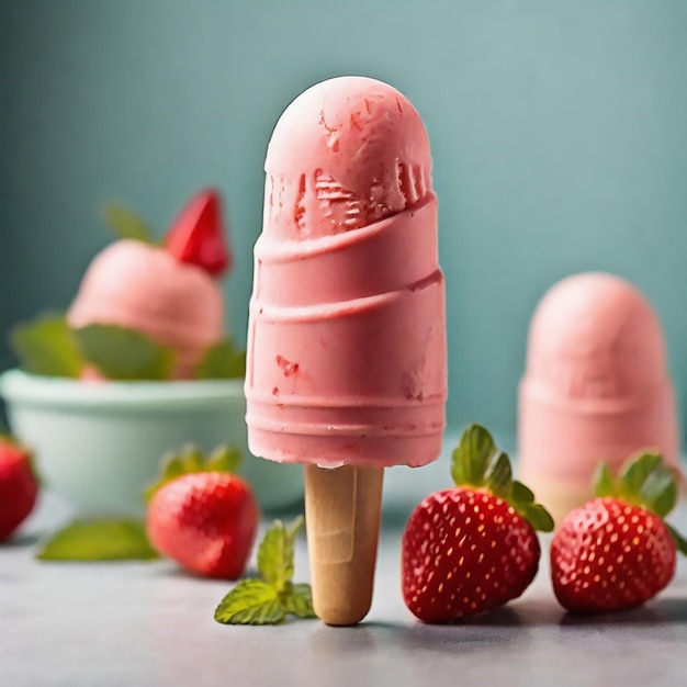 Strawberry ice cream popsicle with mint