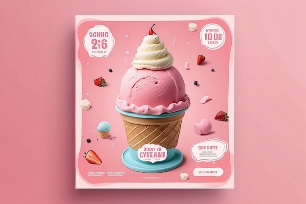 Strawberry Ice cream post template social media post template design