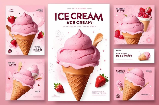 Strawberry Ice cream post template social media post template design