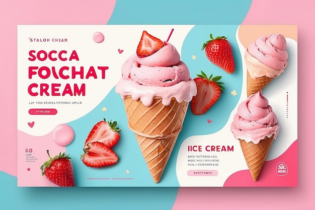 Strawberry Ice cream post template social media post template design