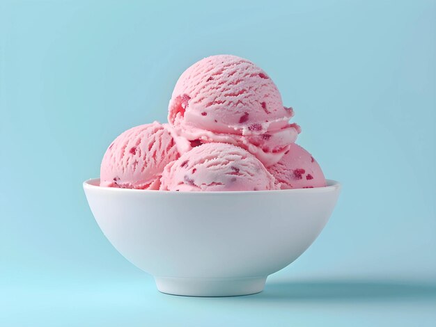 Strawberry Ice Cream in the small glass bowl on light blue studio background