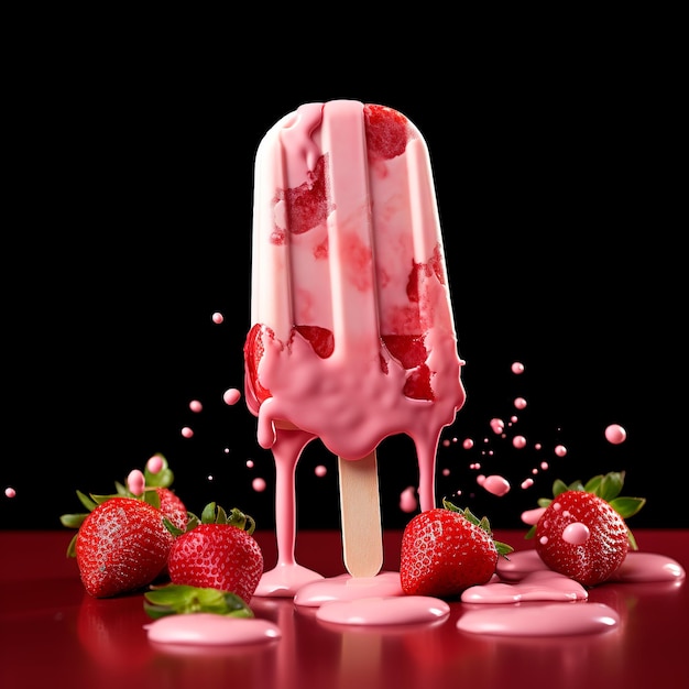 strawberry ice cream stick with strawberry splash