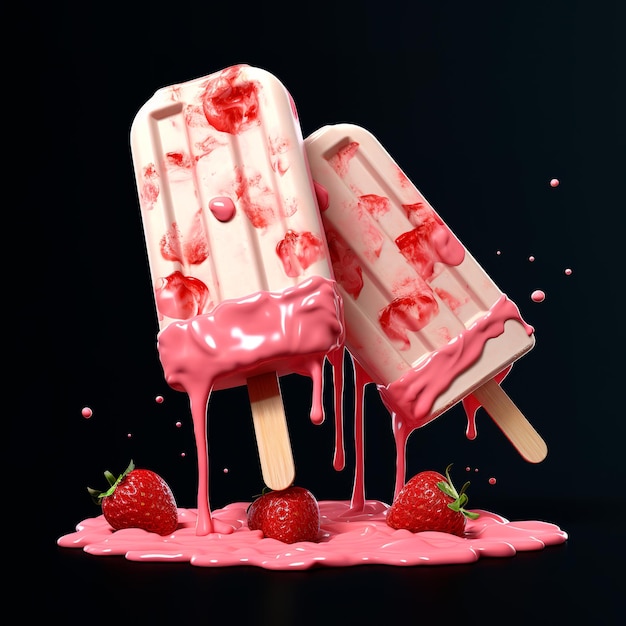 Photo strawberry ice cream stick with strawberry splash