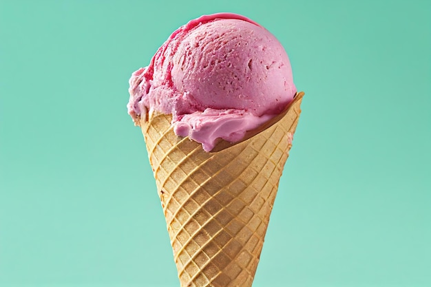 Strawberry ice cream in a waffle cone on aquamarine background