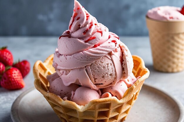 Strawberry ice cream in a waffle cone